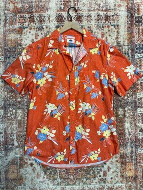 Old Navy Slim Fit Hawaiian Floral Button Up Shirt Men’s Medium Orange Tropical